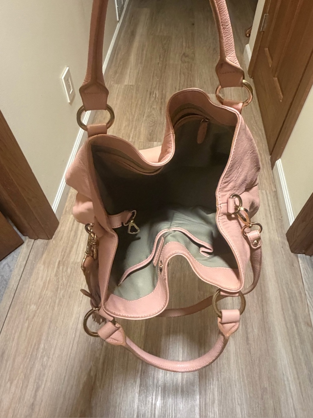 G.I.L.I Pebble Leather Tassel Convertible Hobo Bag Dust Pink/Blush - Picture 8 of 16